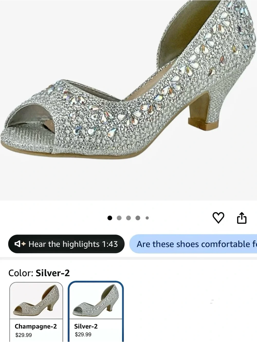 Girls' Fancy Silver Sparkle Rhinestone Embellished Open-Toe Dress Heels | Size 1